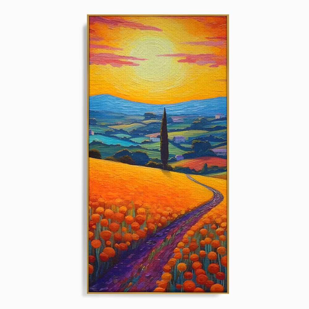 Tablou canvas cu pictura peisaj cu drum si chiparos, in rama de aluminiu auriu